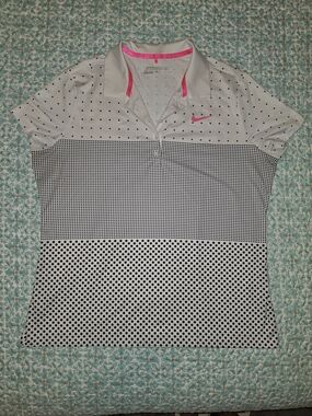 Nike White Polka Dot Golf Polo with Neon Pink Swoosh
